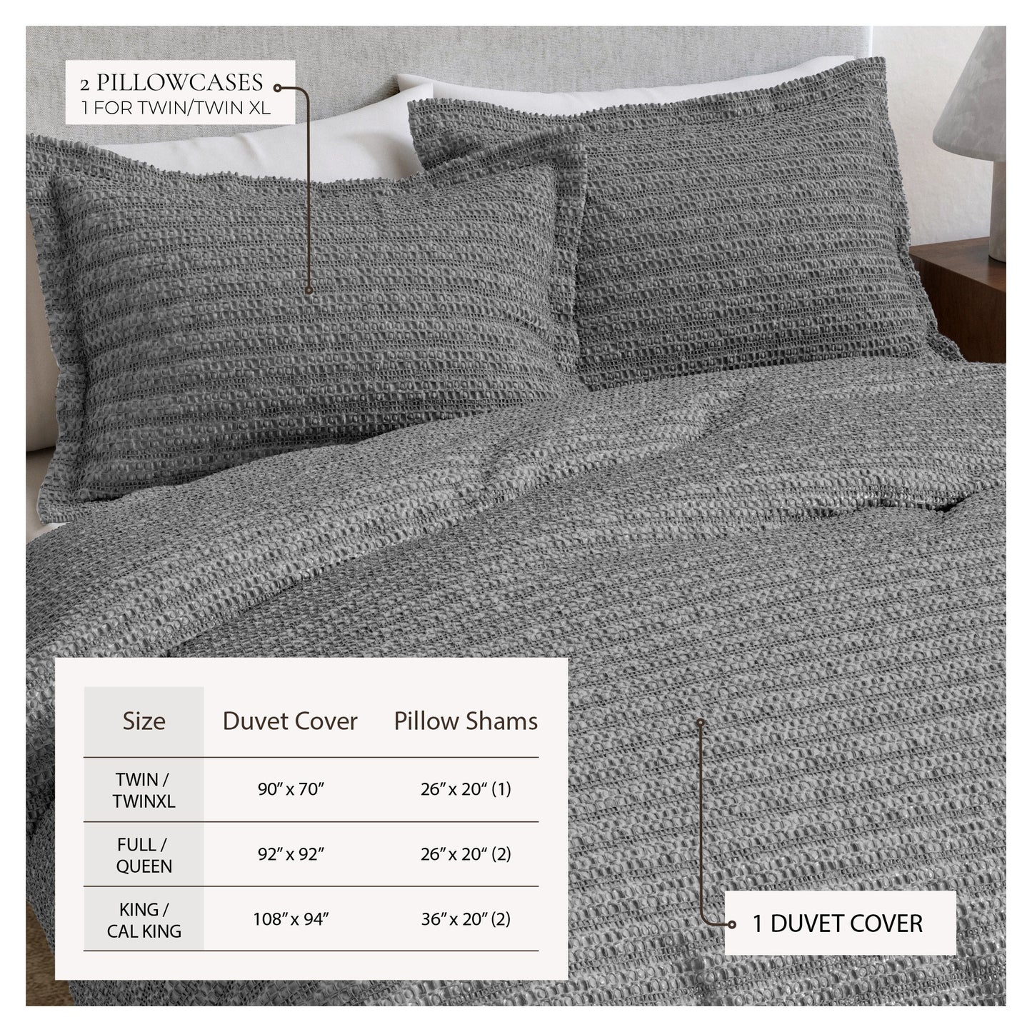 100% Cotton Honeycomb Waffle Textured Duvet Cover with Pillow Shams