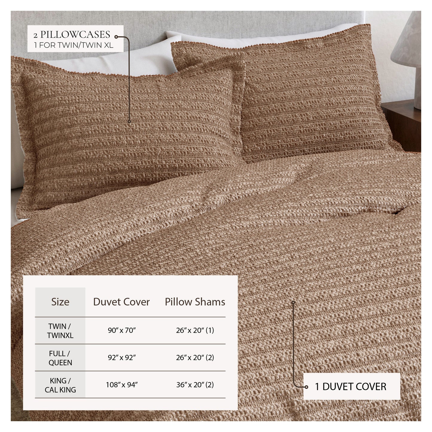 100% Cotton Honeycomb Waffle Textured Duvet Cover with Pillow Shams