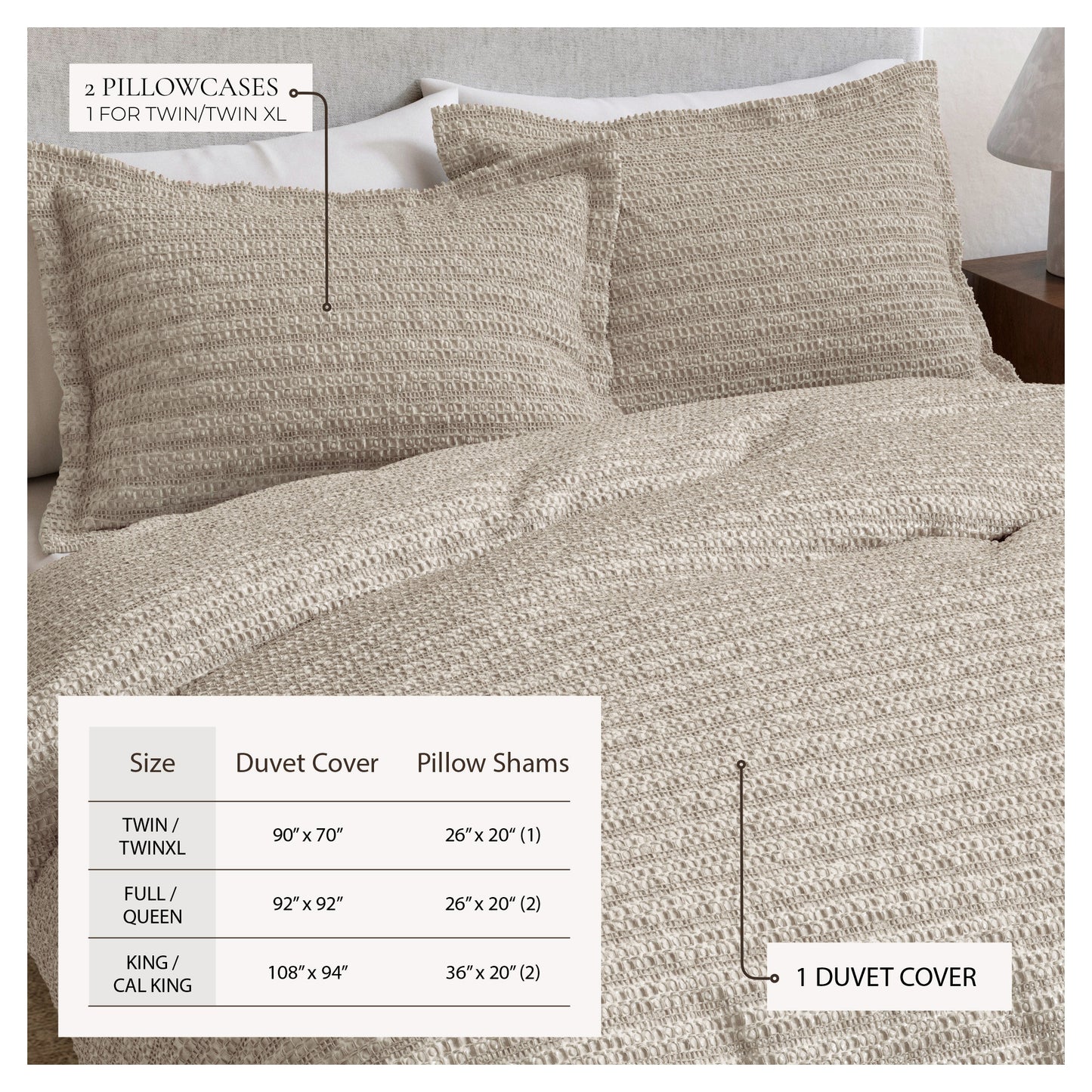 100% Cotton Honeycomb Waffle Textured Duvet Cover with Pillow Shams