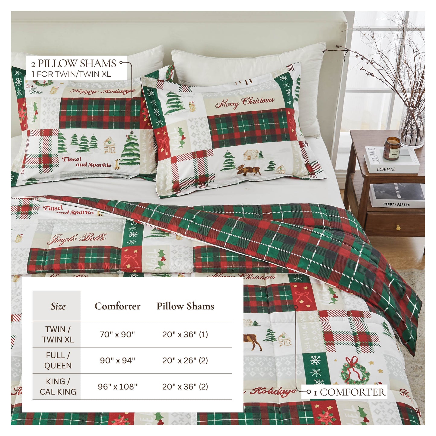 Reversible Christmas Comforter and Sham Set - Holiday / Lodge Odette Collection