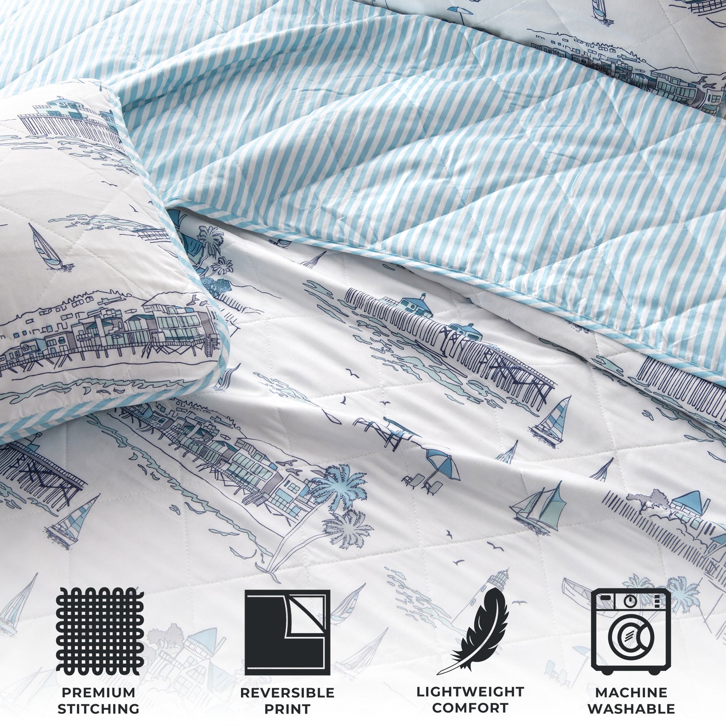 3-Piece Coastal Toile Quilt Set - Cape Elizabeth Collection