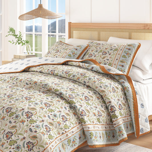 Floral Boho Printed Cotton Quilt Set - Indira Collection