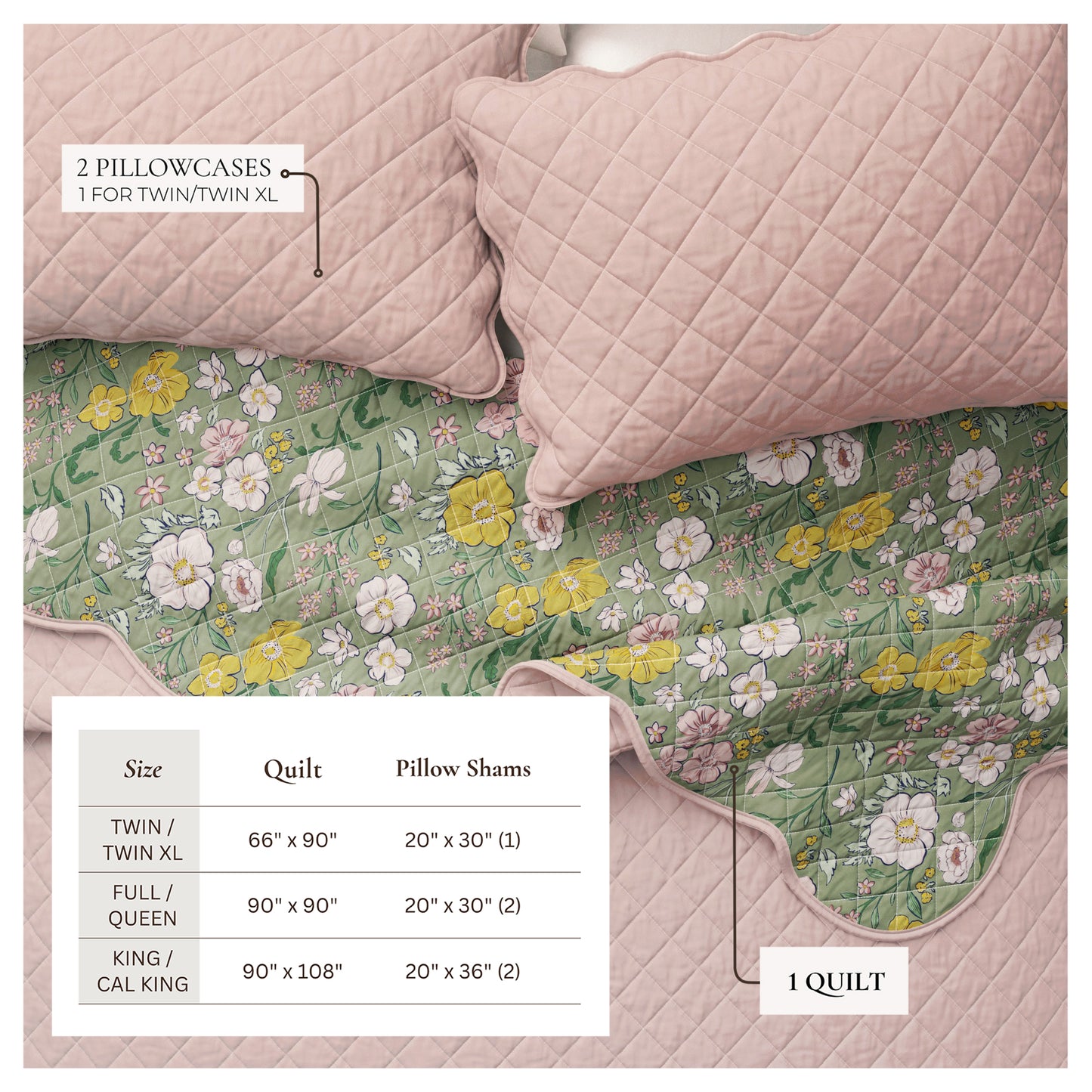 Floral Print & Scallopeded Edge Cotton Quilt Set - Gwen Collection